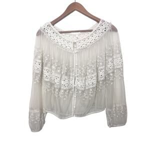 Vintage Free People Sheer Crochet Lace Embroidered Peasant Top Size XS Ivory